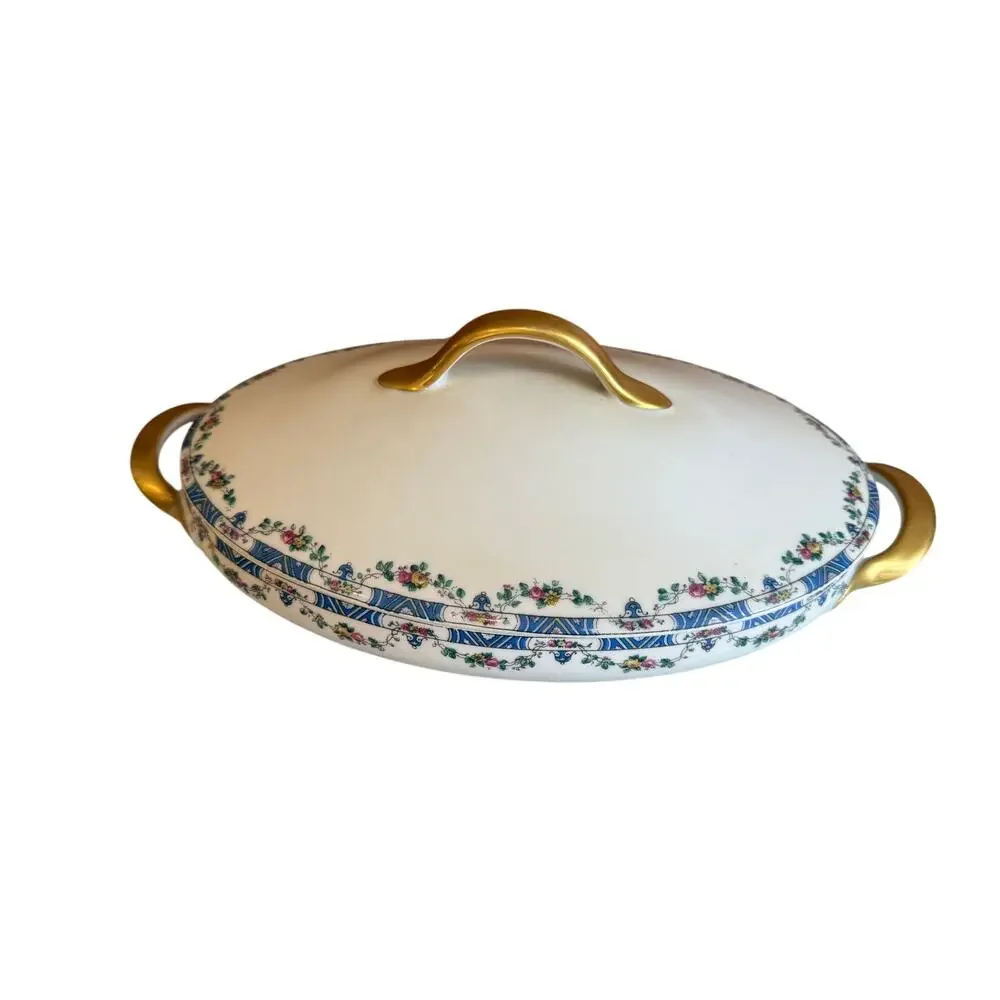 Vintage T&V Limoges France Oval Lidded Dish Blue Vine Pattern Gold Handles